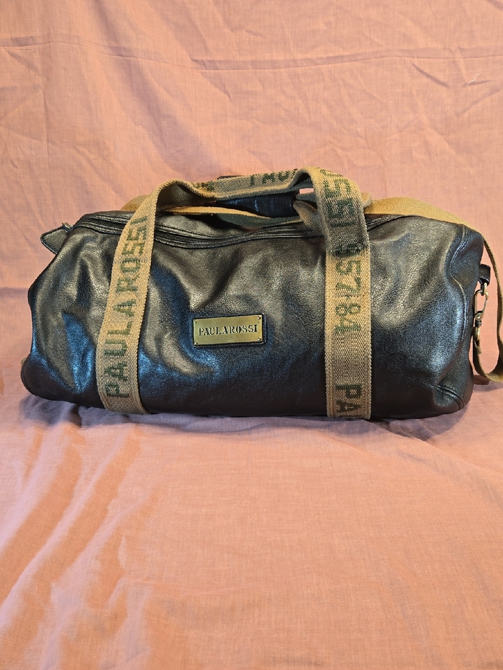 Paula Rossi Leather Duffel Bag with Branded Webbing Straps